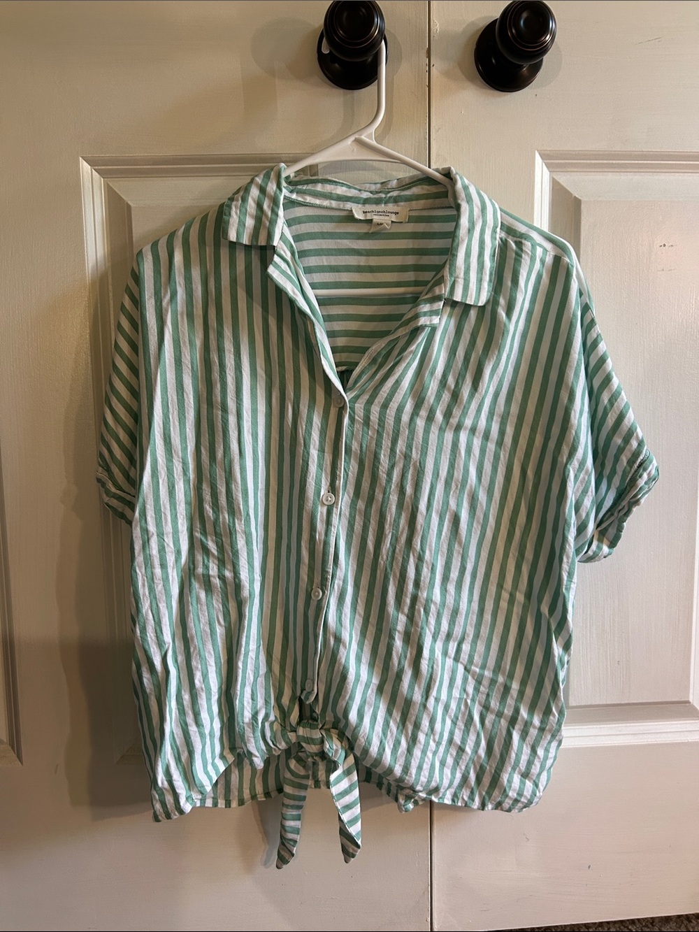 Mint Green & White Striped Tie-Hem Button Shirt